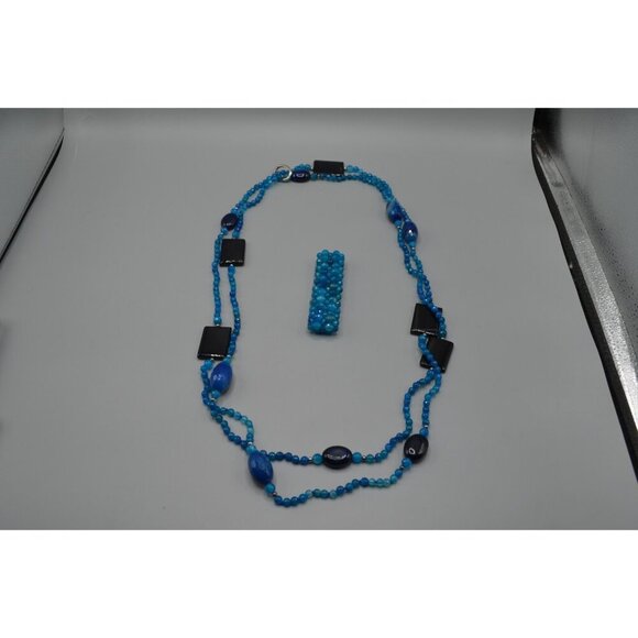 Faceted Blue Beaded 2-Strand Necklace & Bracelet Set Matching Chunky Jewelry - Picture 2 of 8